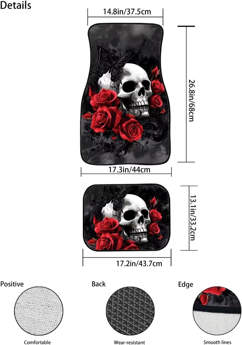Gothic Skull Rose Black Butterfly Car Floor Mats Auto Front & Rear Floor Mat Anti Dirty Foot Pad Automotive Accessories Interior Decor 4 Pcs Heavy Duty Protection for Car Truck SUVs - Image 7