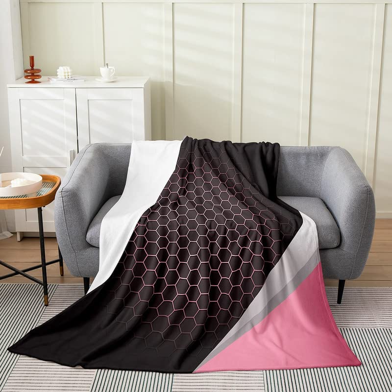 Manta de felpa de panal de abeja, geometría hexagonal, para todas las estaciones, para niños, manta de felpa rosa, transpirable, arte moderno, manta de franela de lujo, tamaño Queen, 90 x 90 pulgadas