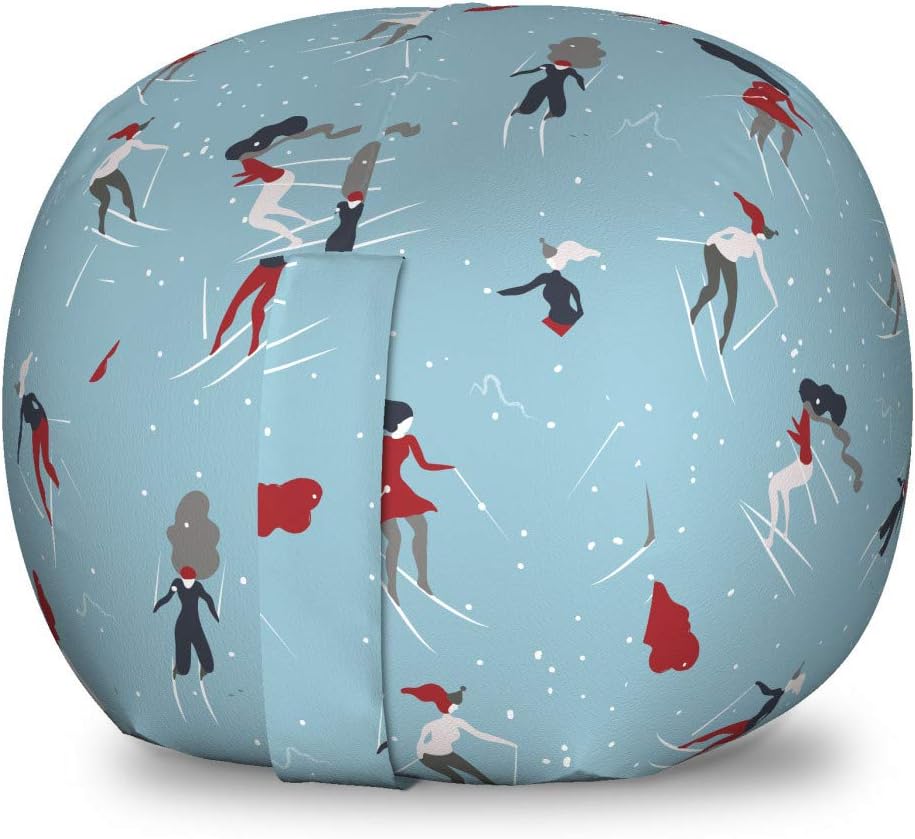 Lunarable Winter Storage Toy Bag Chair, Cartoon Skier Girls Pattern Frozen Pond Outdoor Theme Extreme Sports, Stuffed Animal Organizer Washable Bag, Small Size, Pale Blue Ruby Dark Blue
