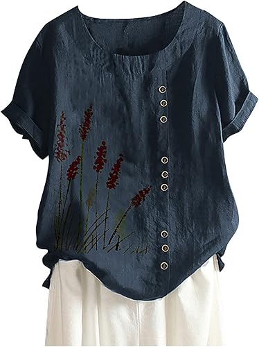 Anjikang Camiseta de lino de algodón para mujer, talla grande, de manga corta, casual, floral