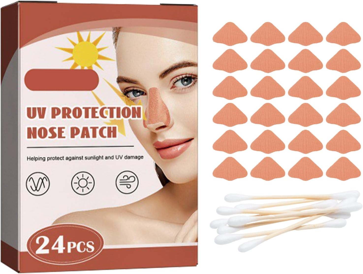 UV Nose Protectors, Nose Patch Protection, Nose Patch with UV Protection, Sun Protection Stickers with Nose Shape, 24 Pcs and 10 Cotton Sticks