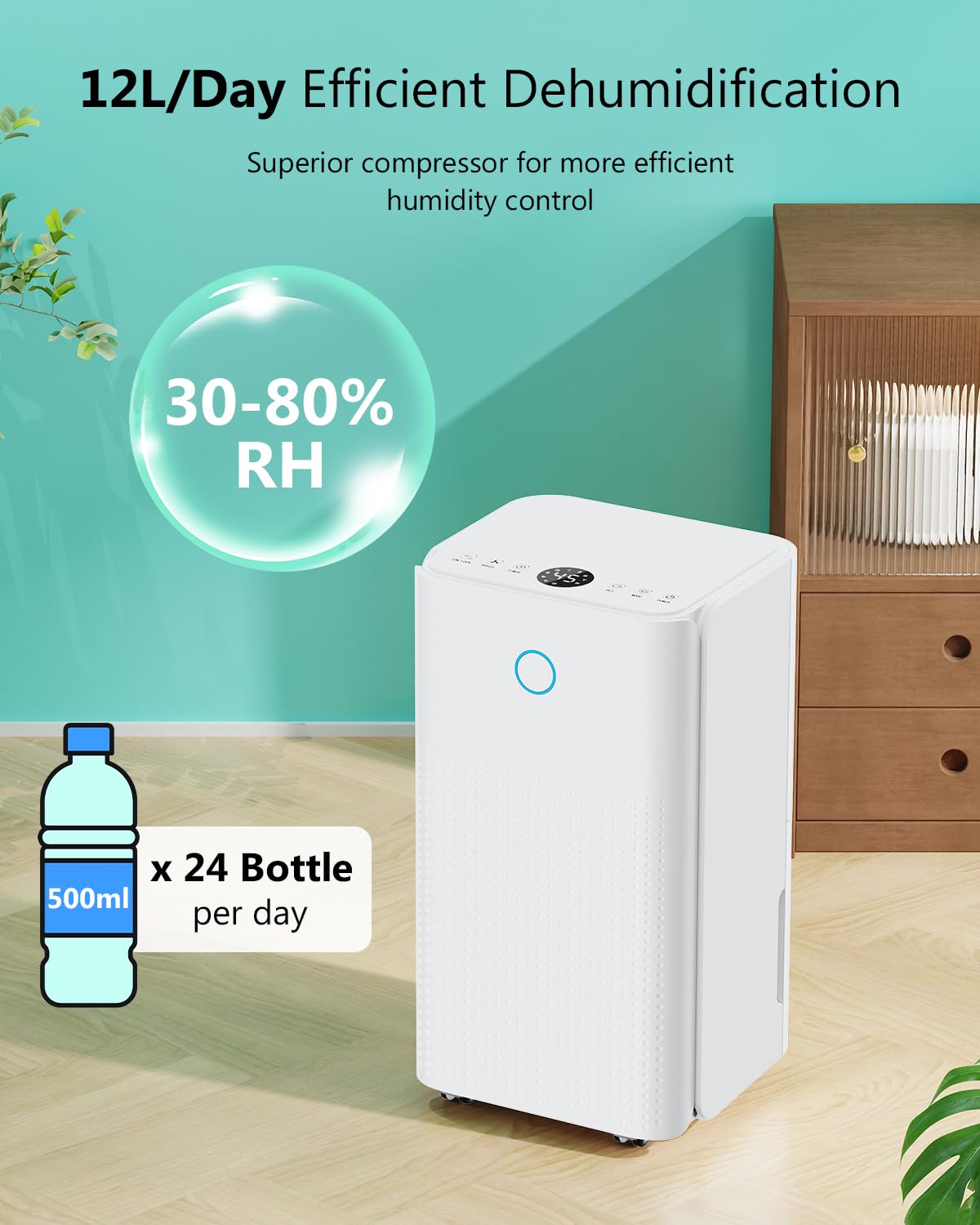 Deumidificatore, 12L/Giorno Deumidificatore Ambiente Casa Muffa, Deumidificatori Portatile Silenzioso, Controllo Umidità, Funzione Asciugatrice, Sbrinamento Automatico, Adatto 100 m³