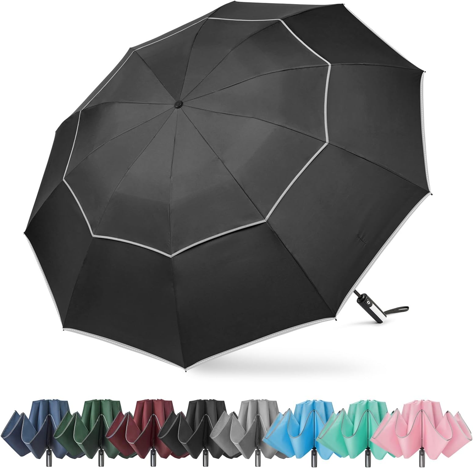 62 Inch Windproof Inverted Umbrella with Reflective Stripe Large Compact Reverse Golf Umbrella for Rain 10 Ribs Double Canopy Travel Umbrella Automatic Open Close (Black), Black