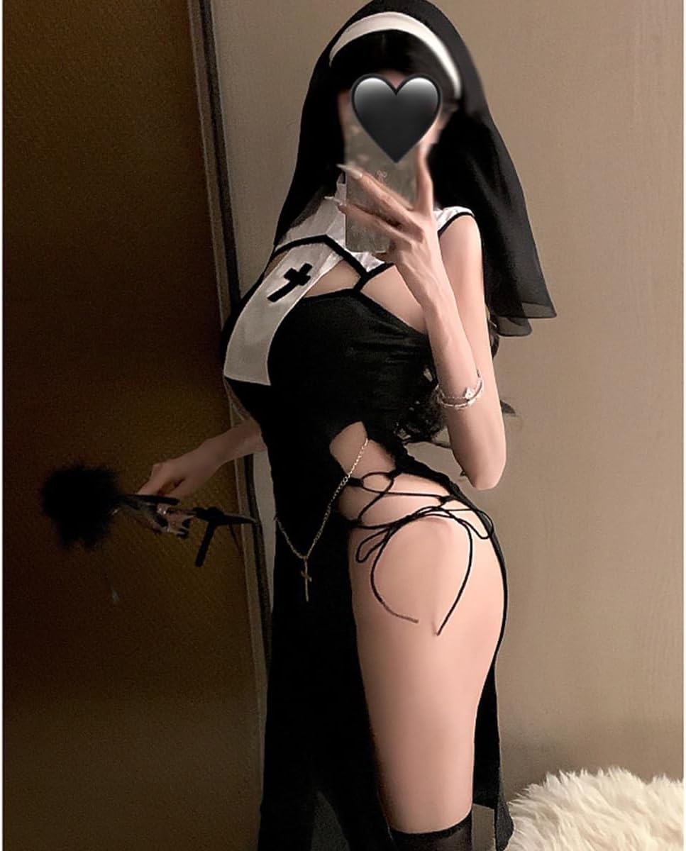 SNOMYRS Sexy Nun Lingerie Halloween Anime Cosplay Lingerie Goth Devil Nun Costume Roleplay Naughty Mini Dress