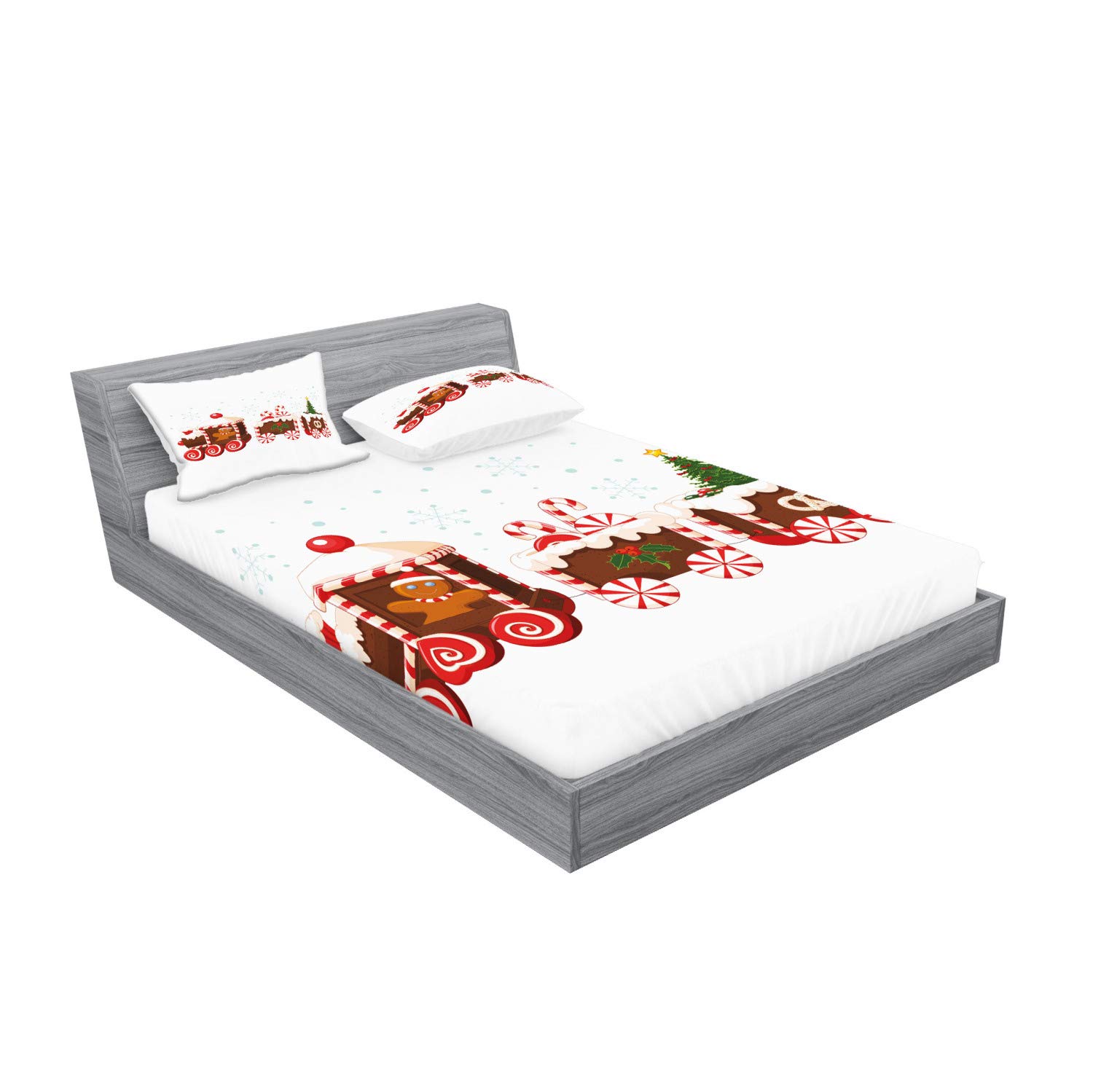 Ambesonne Christmas Fitted Sheet & Pillow Sham Set, Train Gingerbread Cream Candy Cartoon Toys Snowflakes Presents, Decorative Printed 3 Piece Bedding Decor Set, King, White Brown Vermilion