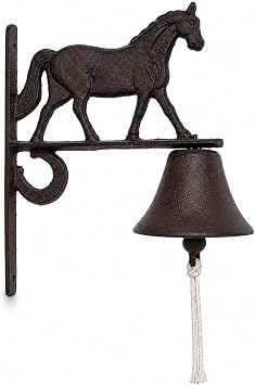 Horse Dinner Bell, Cast Iron Wall Mounted Farm Bell with Horse Topper, Rustic Farmhouse Equestrian Barn Decor, Vintage Western Ranch Porch Entry Bell, 10.25 Inch Tall