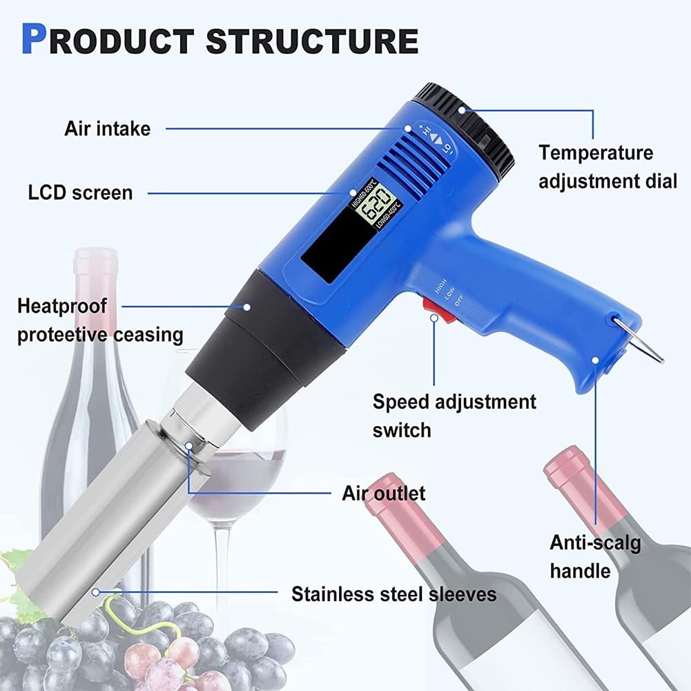 Pistola termorretráctil de mano para botellas de vino, pantalla LCD de temperatura y velocidad de viento ajustable, ideal para envolver cápsulas de PVC PP POF