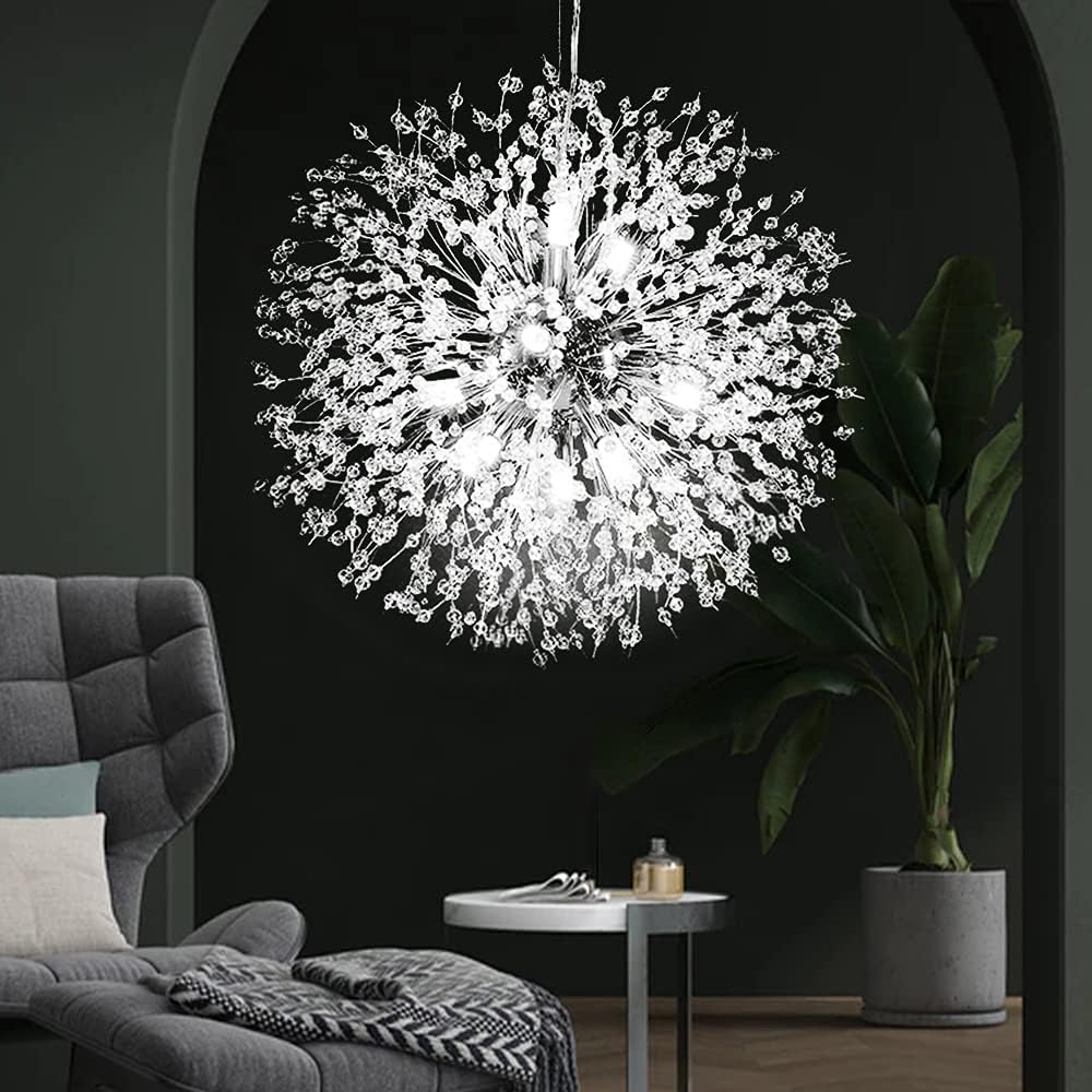 Modern Firework Chrome Crystal Chandeliers, Sputnik Dandelion Chandelier Light Fixture Pendant Lighting for Dining Room, Living Room, Bedroom, Kitchen, Restaurant- 12 Lights