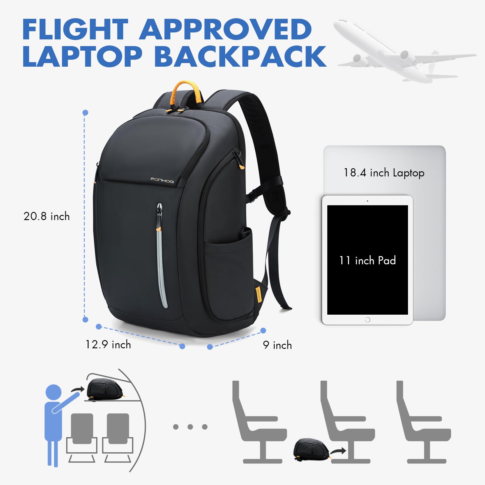 Ponhog Sac à Dos Homme 40L - Grande Capacité Sac Ordinateur Portable 18,4 Pouces avec Poche Anti-Vol, Ouverture 180° et Tissu Anti-Éclaboussures, Approuvé TSA pour Voyages d'Affaires, Travail(Noir)