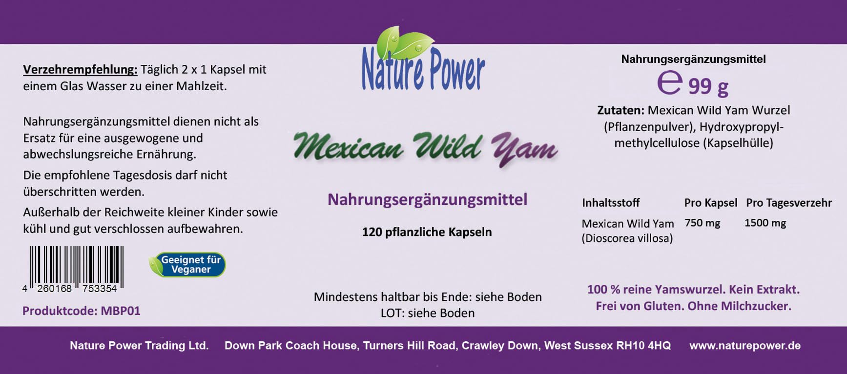 Nature Power - Mexican Wild Yam - Das Original - 120 vegane Kapseln - reine Yamswurzel - kein Extrakt