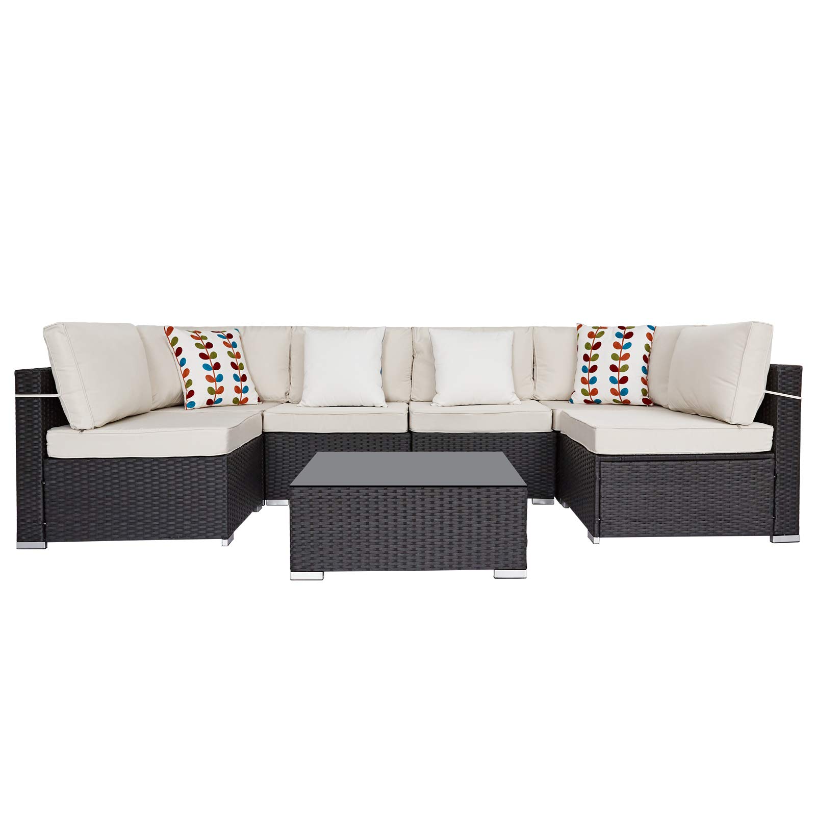 Amazon Com Sunvivi Outdoor 7 Piece Outdoor Patio Furniture Sets All Weather Black Pe Wicker Furniture Set Patio Sectional Conversation Sofa Set With Coffee Table Removable Warm Grey Cushions Garden Outdoor