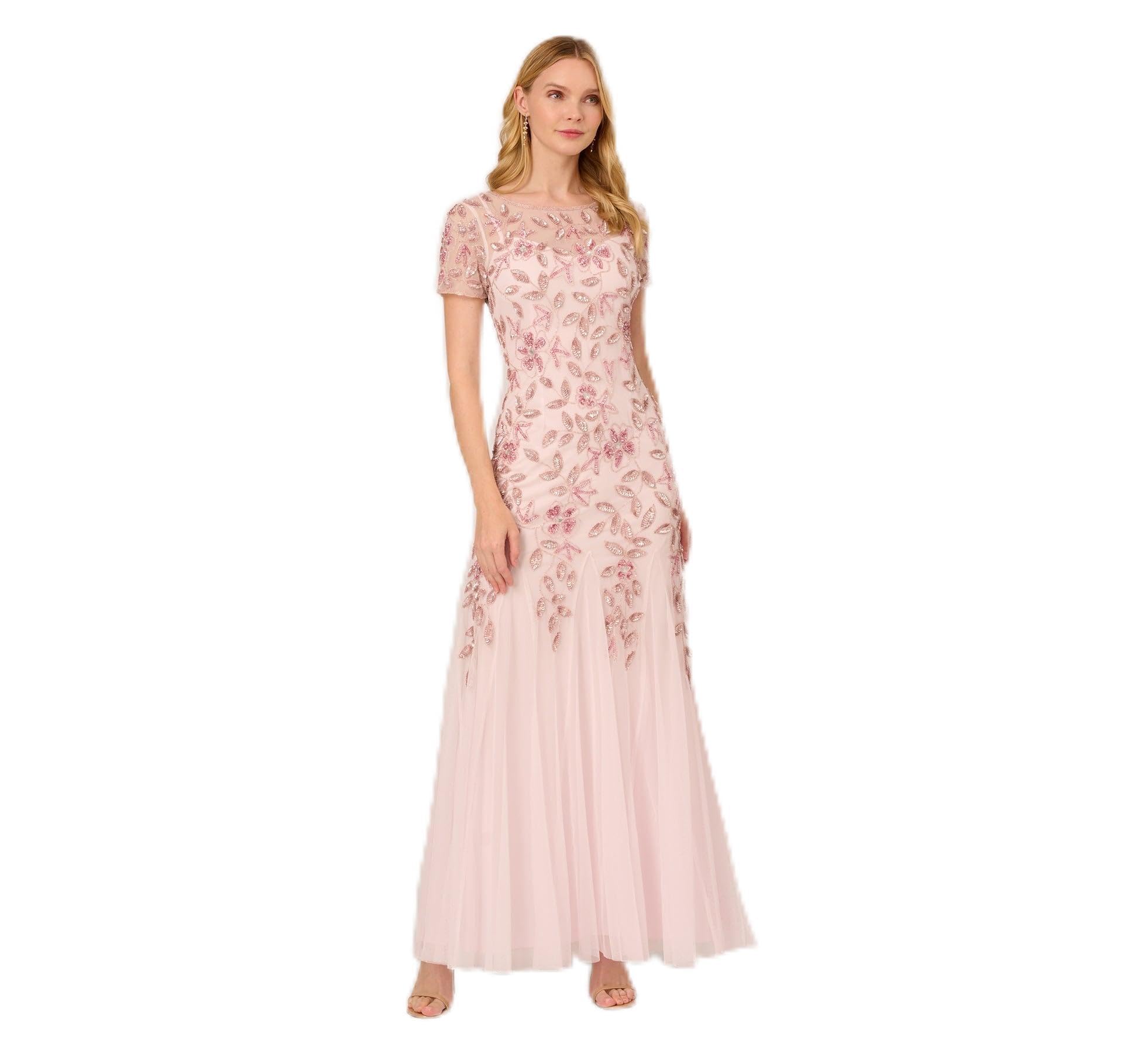 Adrianna Papell Women's Beaded Gown with Godets - Floor Length Gown with Floral Embellishments &amp; Cap Sleeves