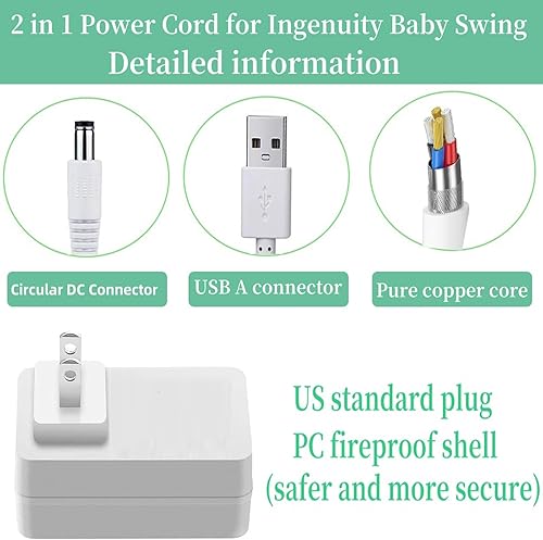 Miniatura 2 de Ingenuity - Adaptador de cable de alimentación para columpio de bebé Ingenuity, enchufe USB A y CC compatible con InLighten, Simple Comfort y