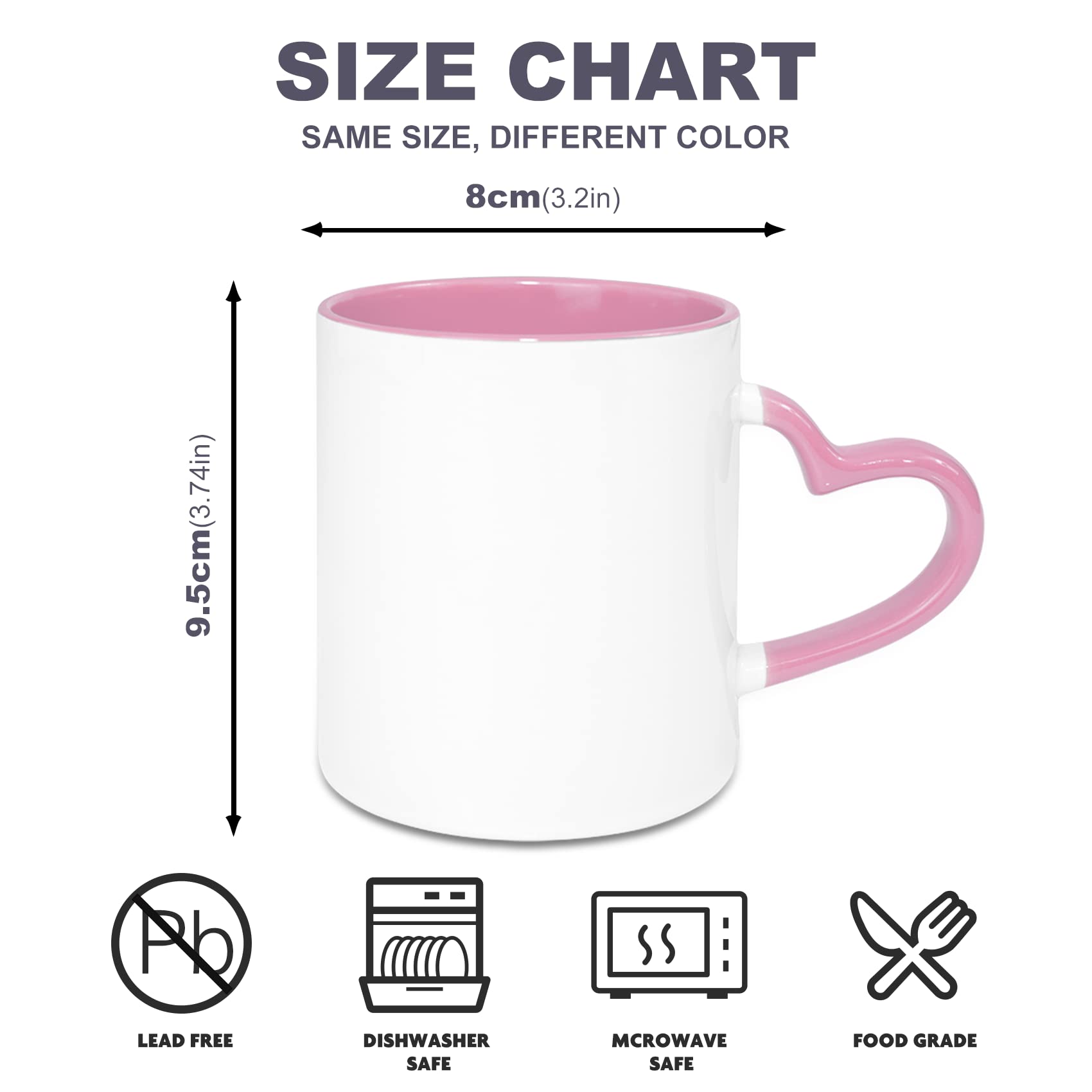 Sumex Juego de 12 tazas de café de cerámica en blanco de sublimación de 325 ml con mango de corazón para té, leche, latte, cacao caliente, interior rosa y asa