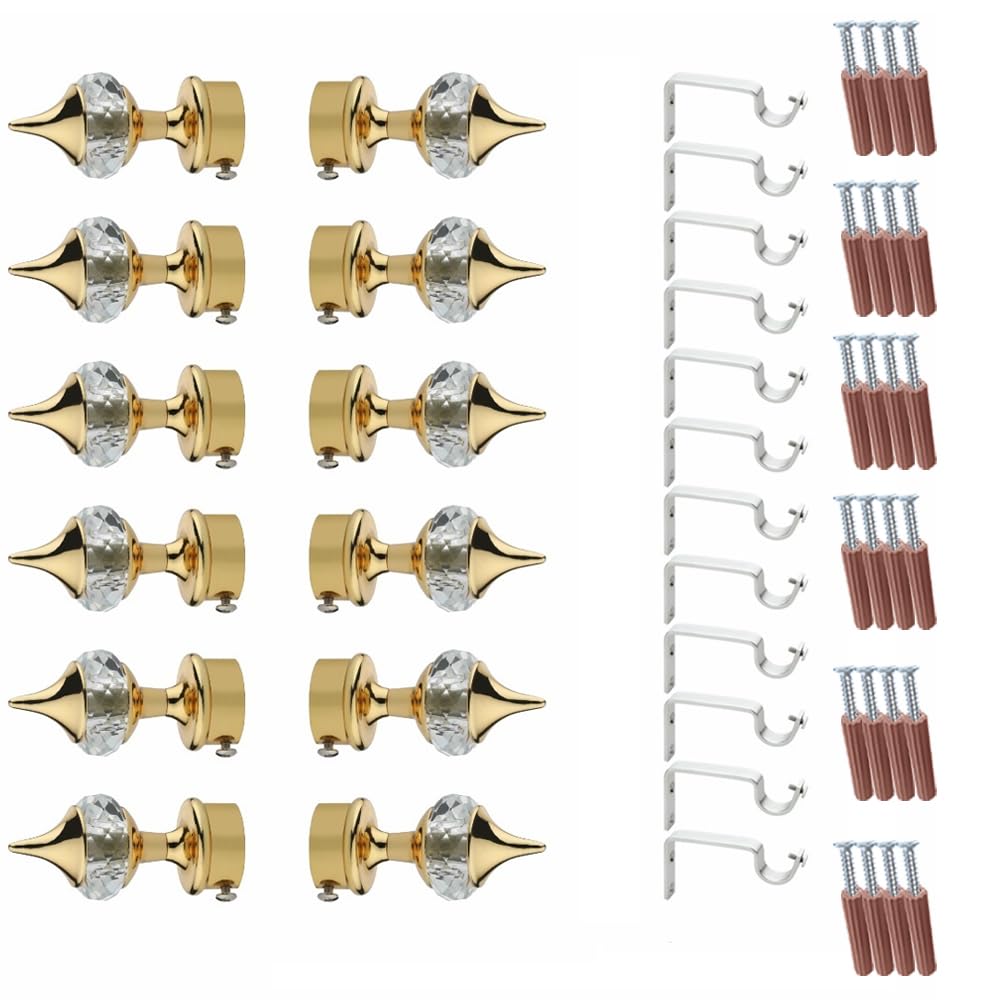 GLOXY ENTERPRISE Aluminium Single Diamond Curtain Brackets Parda Holders with Support Fittings 1 Inch Rod Pocket Finials Designer Door and Window (Golden 6 Pair)