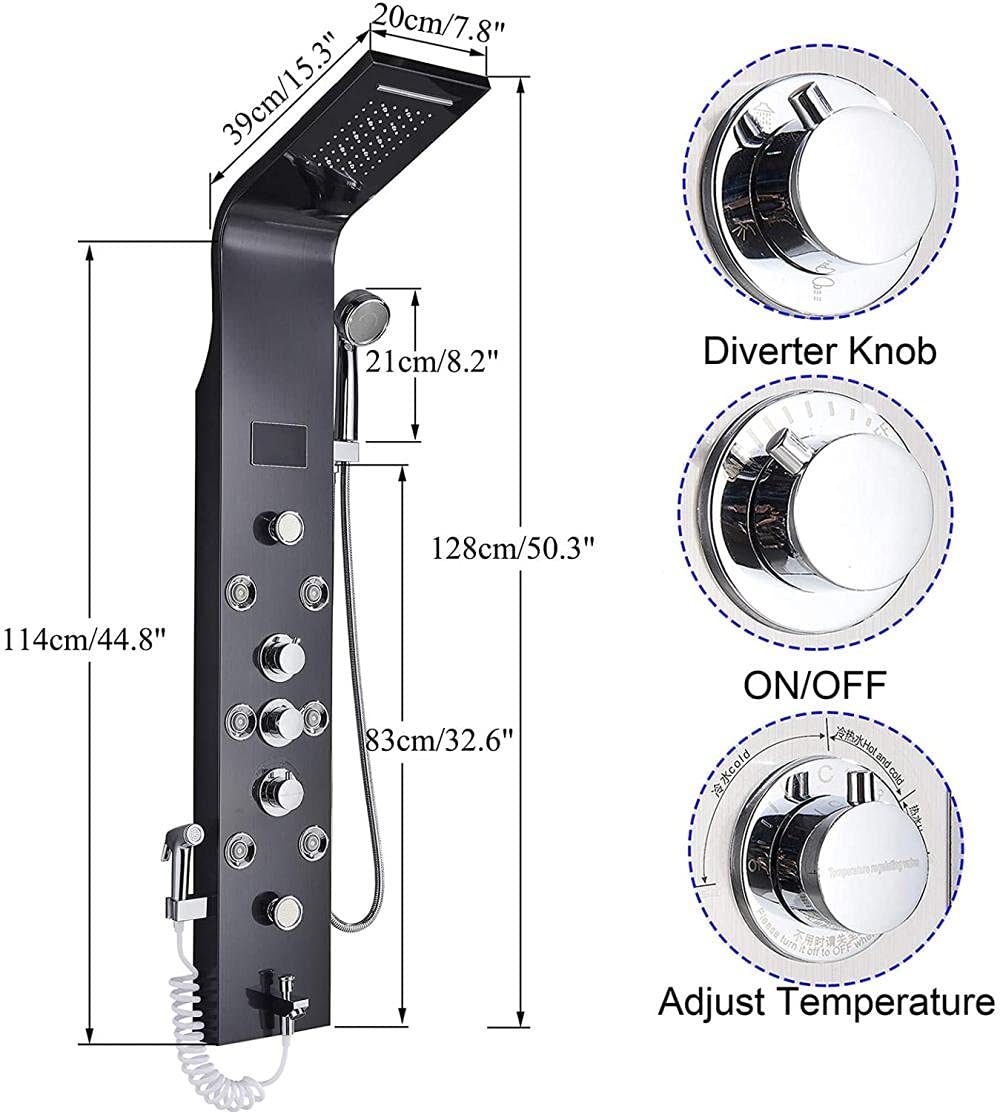 Pannello Doccia LED con Miscelatore a 6 funzioni, Display della Temperatura, Cascata, Massaggio del Corpo e beccuccio per Vasca da Bagno