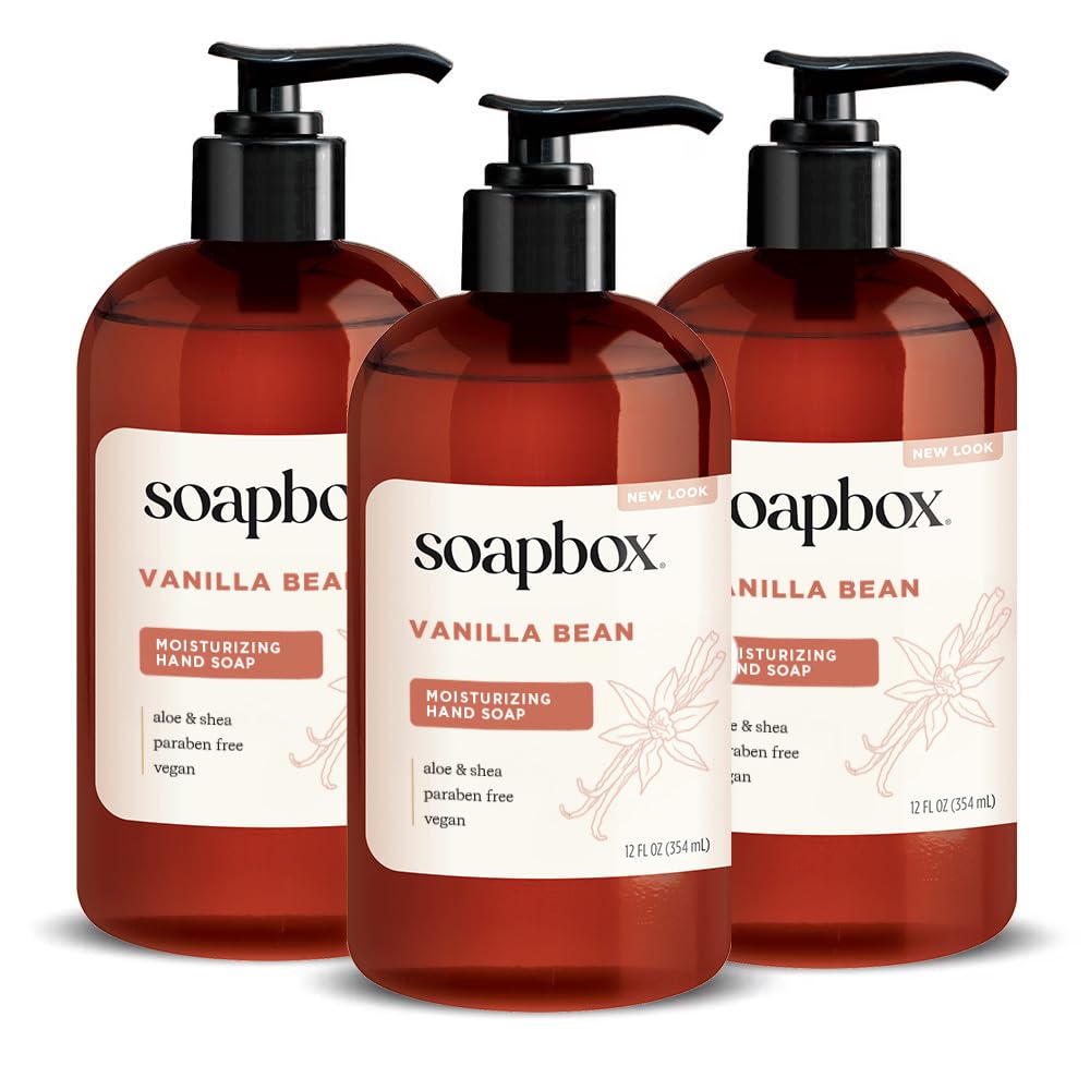 Soapbox Liquid Hand Soap, Vanilla Bean - Gentle, Moisturizing Hand Cleanser, Vegan, Cruelty Free Hand Soap for Bathroom and Kitchen, 12oz Pump Bottles (Pack of 3)
