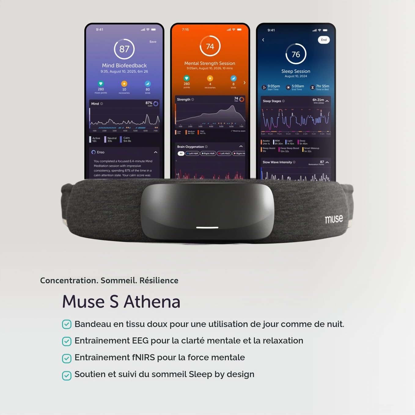 Muse S Athena Serre-tête avec détection du cerveau – Stimulation du sommeil profonde, aide au sommeil et suivi – Dispositifs de neurofeedback pour suivi et surveillance de la méditation avec capteurs