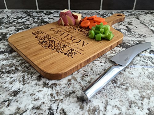 Personalized Engraved Cutting Board (Grayson Design) with Handle Housewarming and Wedding Gift for Kitchen (10 x 18 Bamboo Paddle Shaped)