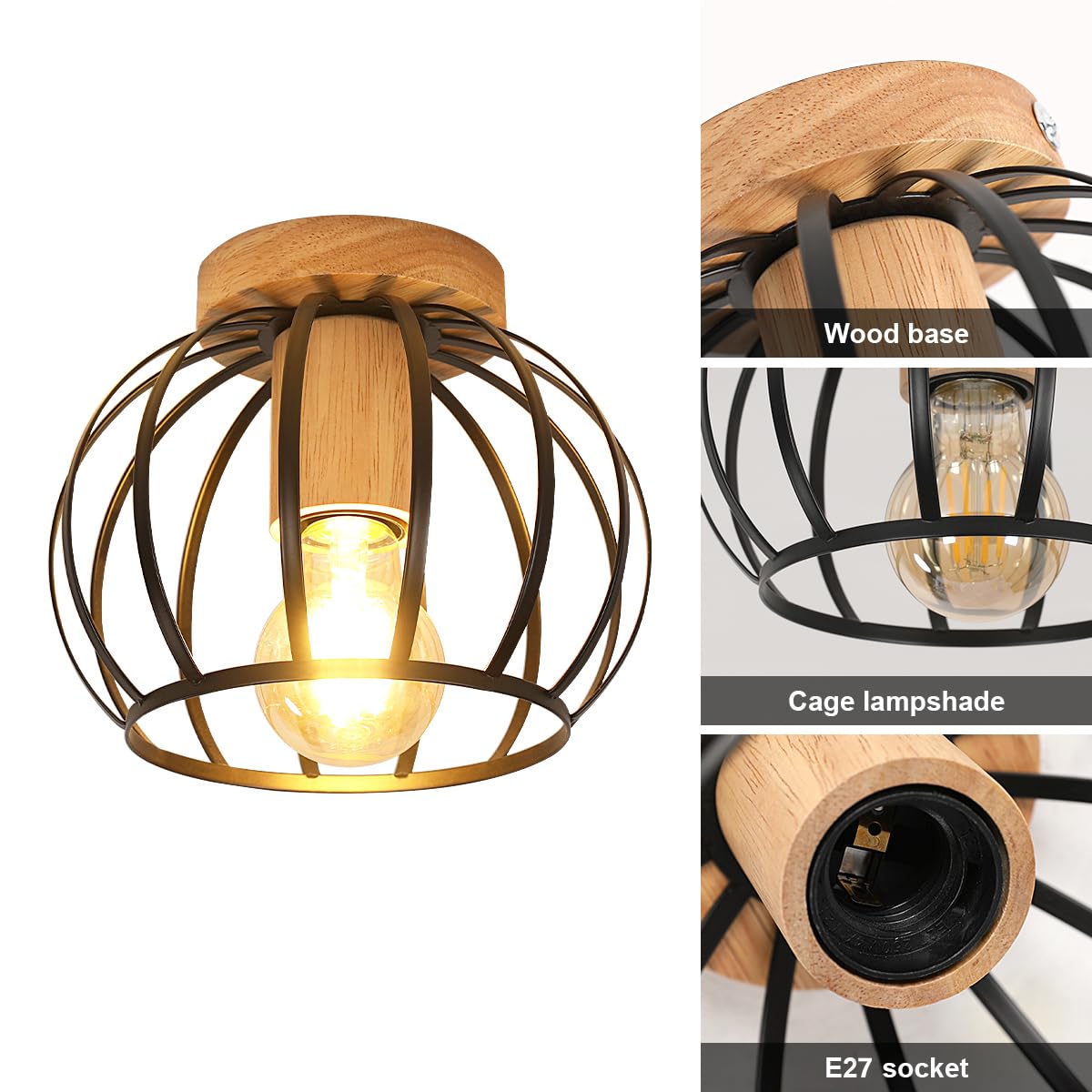 Lámpara de Techo Vintage E27 Portalámparas Colgante Jaula Metal Base Madera