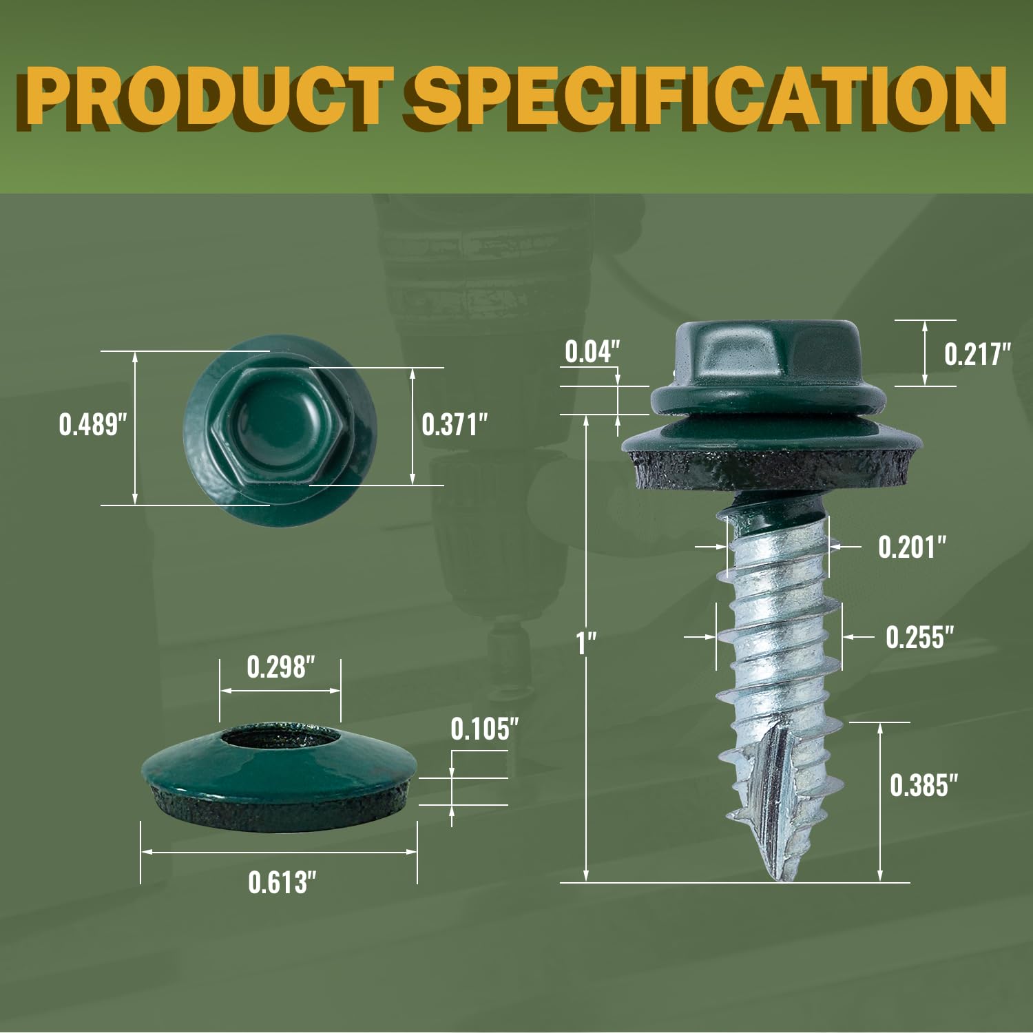 LIONMAX Metal Roofing Screws #14 x 1 Inch, 300-PCS, Forest/Ivy Green Painted Hex Head Sheet Metal Screw with Rubber Washer, Sharp Point, for Roofing and Siding, Hex Socket Included