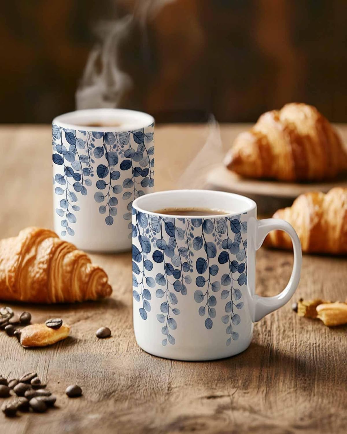 BEMIGO Ceramic Coffee Mug Blue Eucalyptus Leaf Ceramic Mug White Cup, Summer Leaves Insulated Coffee Cup with Handle with Pattern Perfect for Tea and Hot Beverages, 12oz