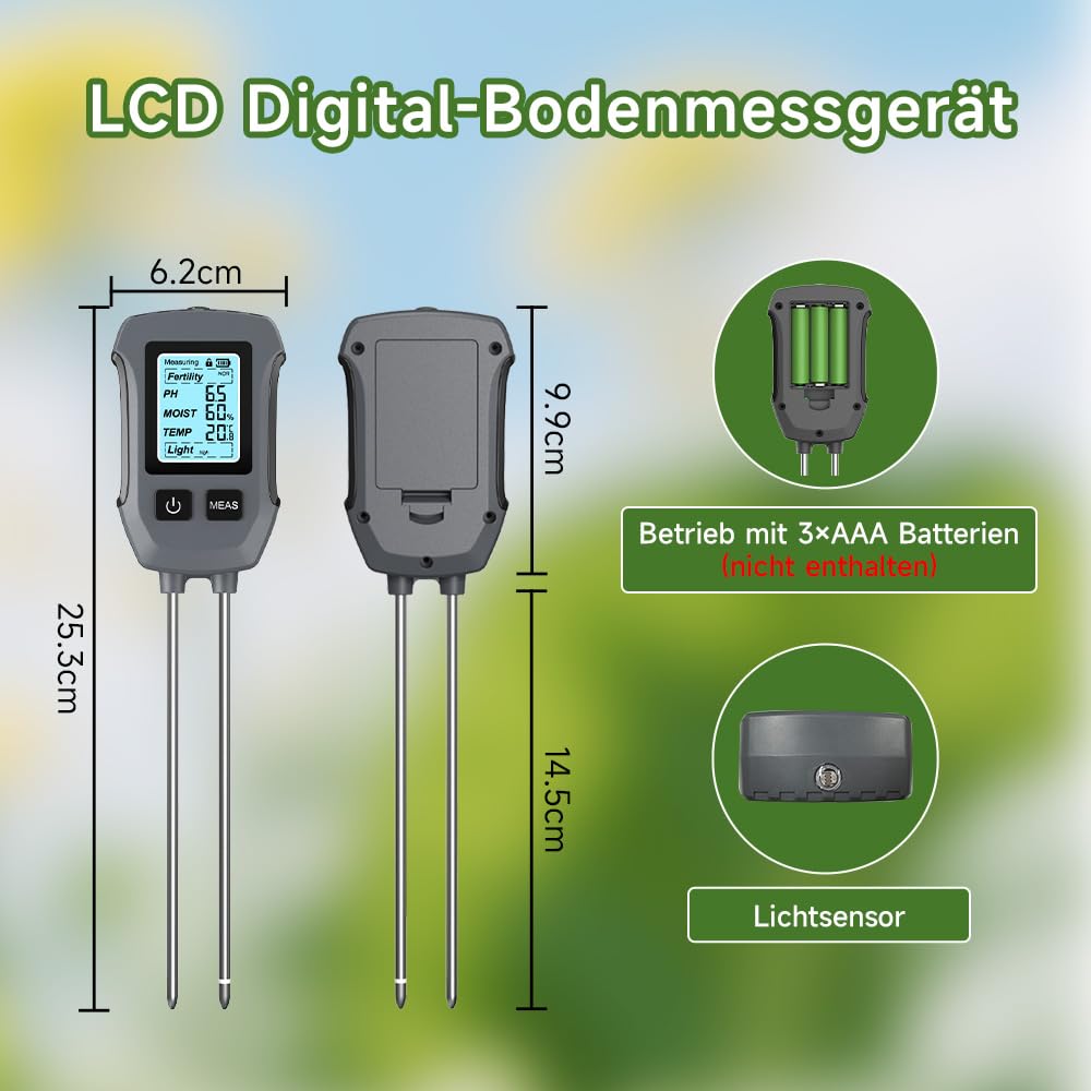 Uzoli SGS13 Feuchtigkeitsmessgerät Pflanzen, 5 in 1 Bodenmessgerät für Fruchtbarkeit, PH Wert, Sonnenlichtintensität, Temperatur, Bodenfeuchte, Feuchtigkeitsmesser der Erde für Garten und Rasen