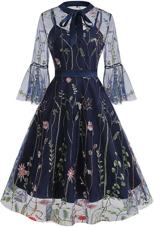 JSEIAJB Women's Wear Vintage Polyester Dress Casual Embroidery Splicing Party Dress