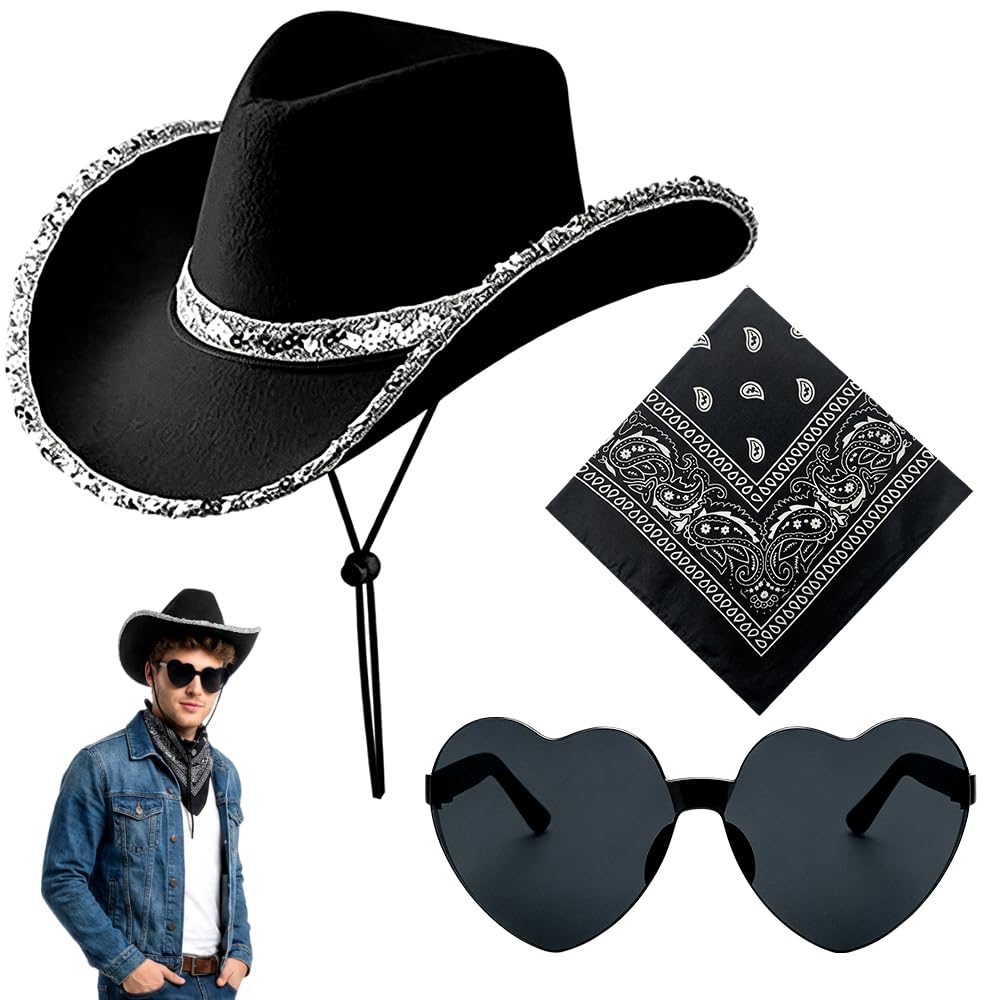 FCXVXCL Cowboy Hat, 3PCS Western Cowboy Costume Accessories for Adults Cowgirl Hat Fancy Dress Accessory Set with Bandana Glasses Western Hats for Halloween Carnival Birthday Cosplay Party(Black)
