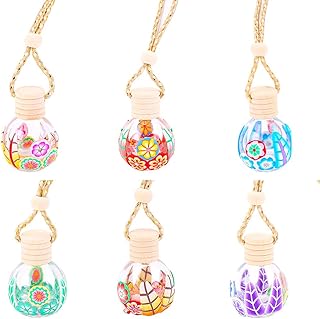 6 Pcs,12ml Art Printed Hanging Car Air Freshener Diffuser,Empty Glass Essential Oil Pendant Fragrance Vials,Perfume Aromatherapy Container With Wooden Caps & Hanging String,FREE Funnel,Dropper