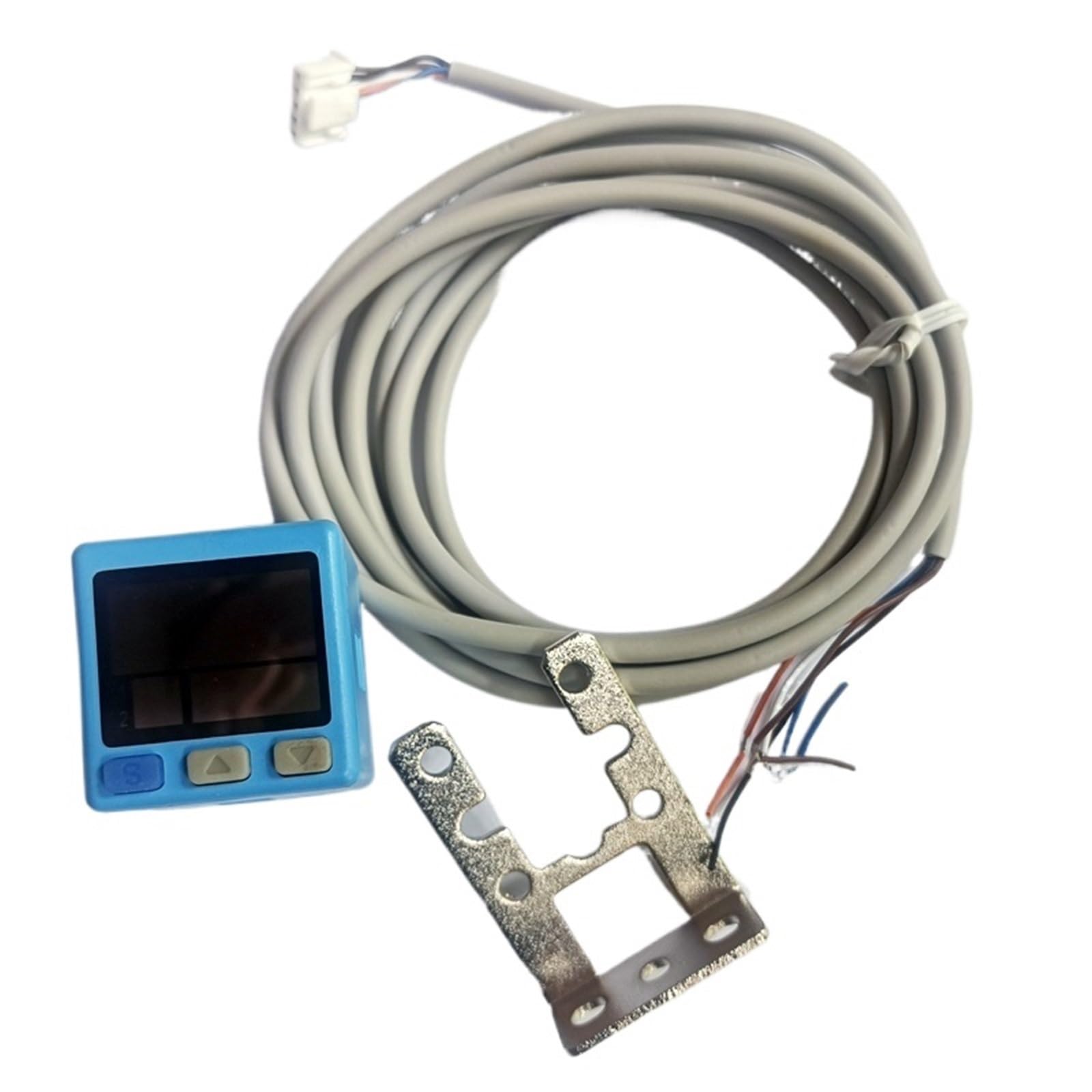 Sensor de presión de aire Rosca M5, salidas NPN*2 1~5VDC, pantalla digital -100~100Kpa, cable 2M incluido y soporte en forma de L.