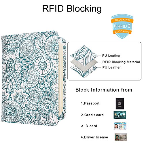 Image of WALNEW Passport Holder for Travel, RFID Passport Cover Wallet for Women Men, PU Leather Passport Book Card Holder Case with Pen (Elastic Band Closure, D-Green Petals)