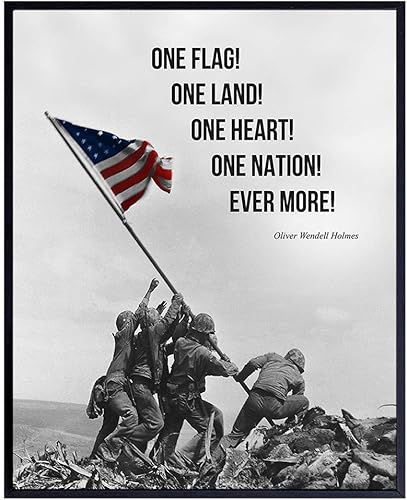 American Flag Wall Art - Marine Flag - Iwo Jima Wall Art Decorations - Marine Corps Photo - Patriotic Gifts for Men, Military Veterans - Office,