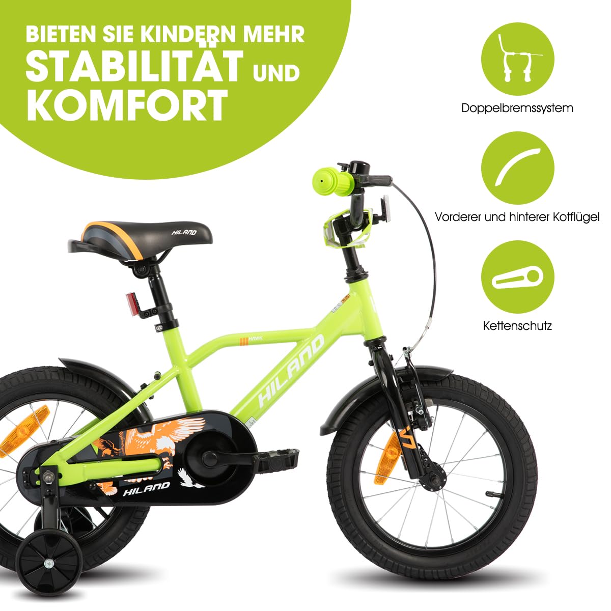 Hiland 12/14/16/20 Zoll Kinderfahrrad für Jungen 3-10 Jahre, mit Stützrädern, Jungen Fahrrad mit Handbremse und Rücktrittbremse, Schwarz/Grün/Blau