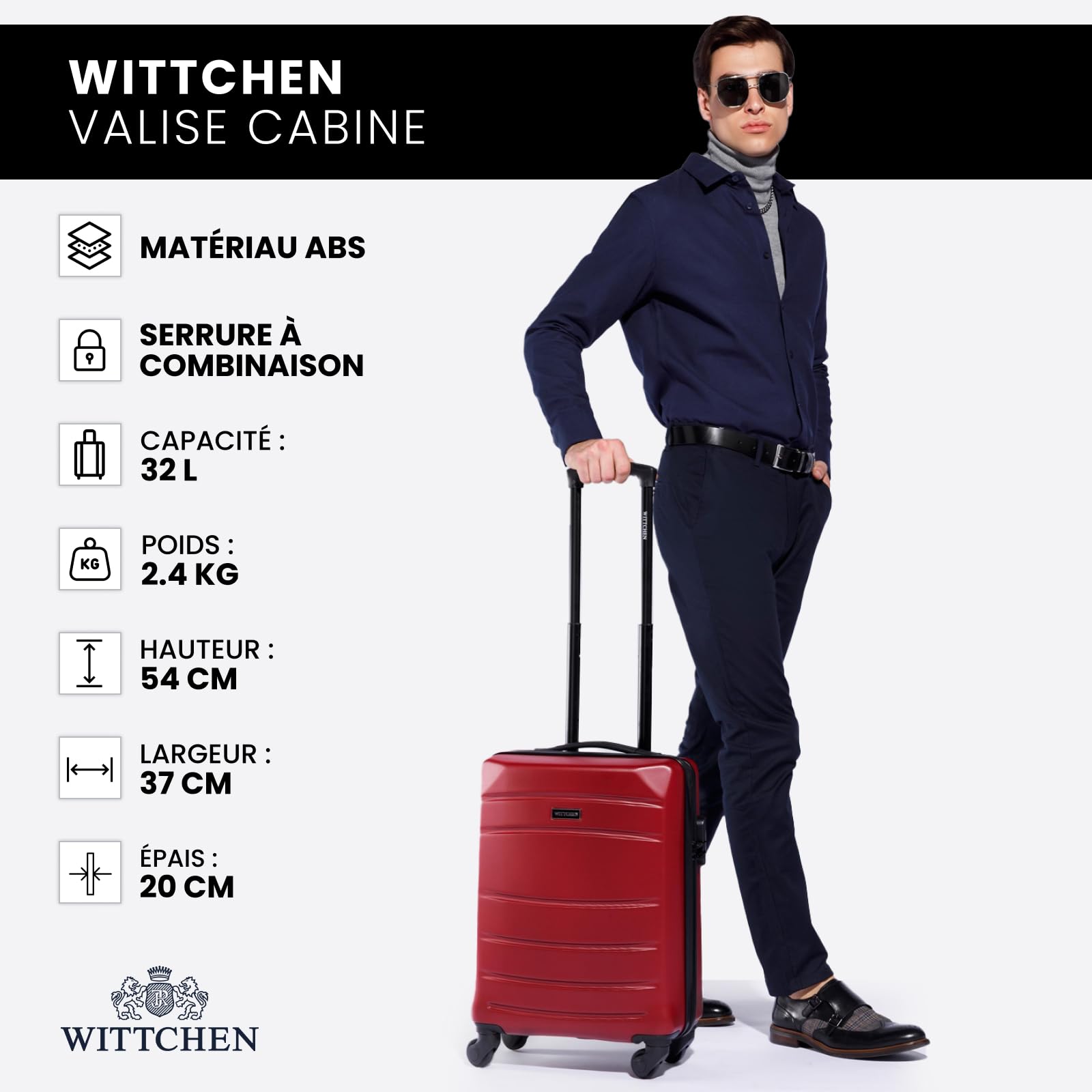 WITTCHEN Valise de Voyage Bagage à Main Valise Cabine Valise Rigide en ABS avec 4 roulettes pivotantes Serrure à Combinaison Poignée télescopique Globe Line