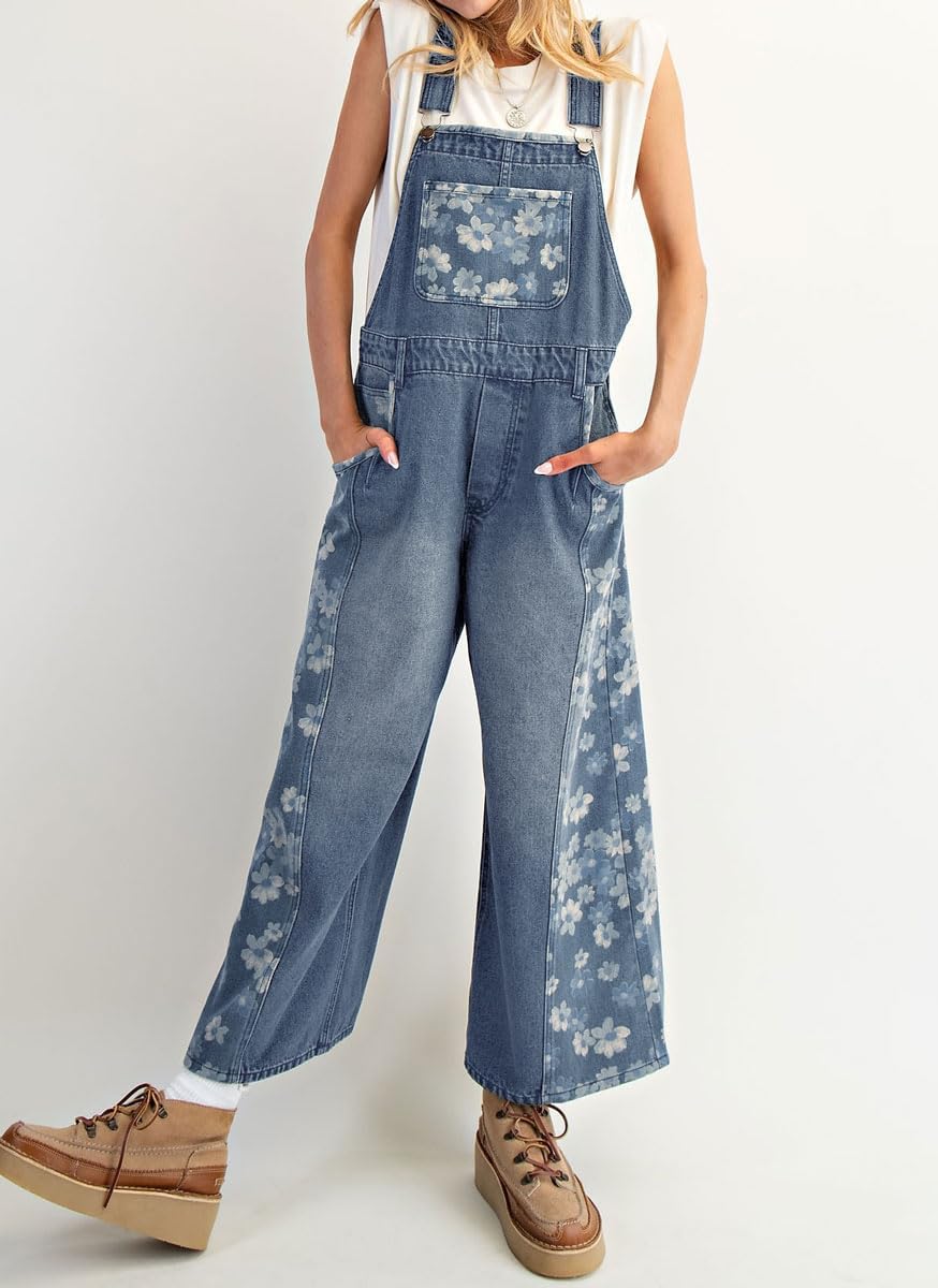 chouyatou Women's Loose Adjustable Strap Denim Bib Overall Floral Wide Leg Cropped Jeans Jumpsuit