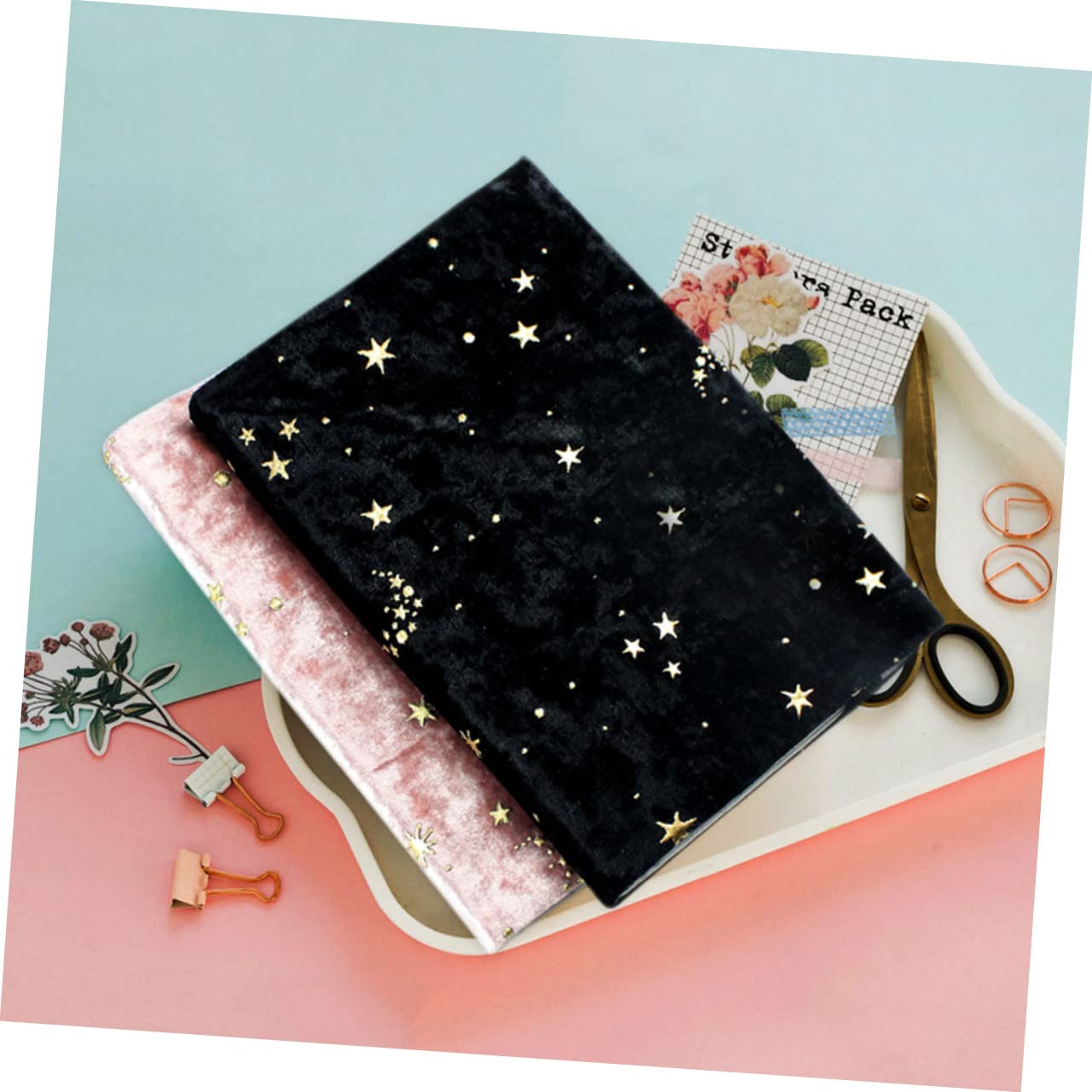 Angoily 4 Piezas Protector para Libro de Terciopelo Negro con Diseño de Estrella y Luna Funda Decorativa y Resistente para Diario y Cuaderno de Tela y Fácil de Usar