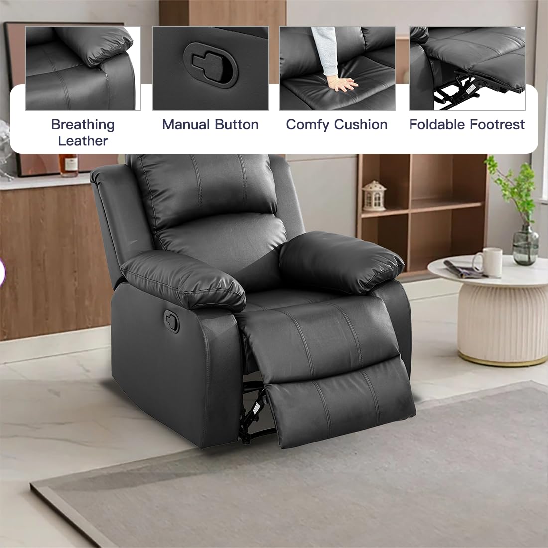 Toseslo Manual Recliner Chair Set, Living Room Furniture Sets with Adjustable Footrests, Modern Single Reclining Sofa Chair, Leather Reclining Couches, Recliner Furniture for RV/Apartment(Beige) view 3