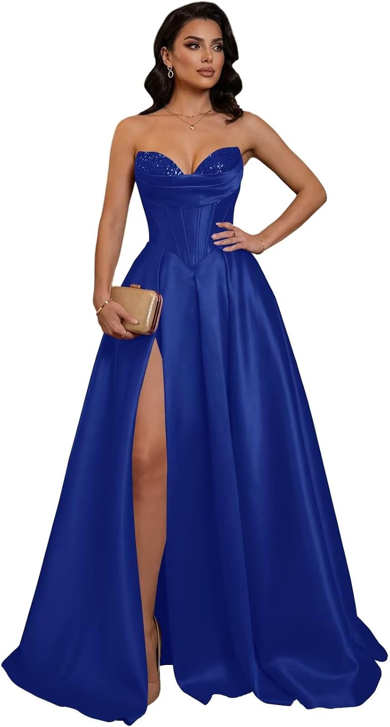 Cudiew Satin Corset Prom Dress for Women Sparkly Sequin Strapless Maxi A Line Ruched Formal Evening Ball Gown
