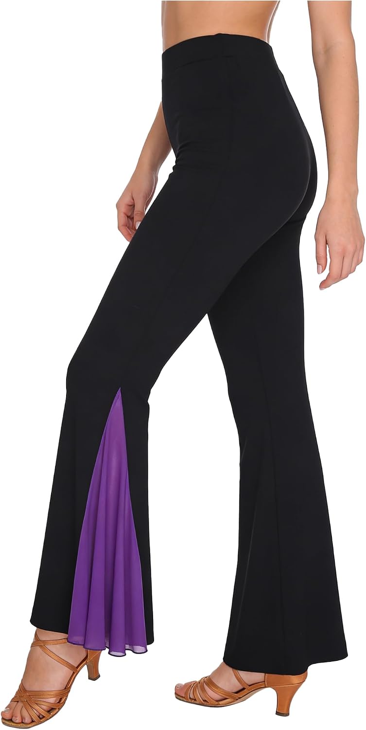 Jan Jean Womens Mesh Patchwork Flare Pants Yoga Bell Bottom Flare Leg Dance Practice Belly Dance Pants