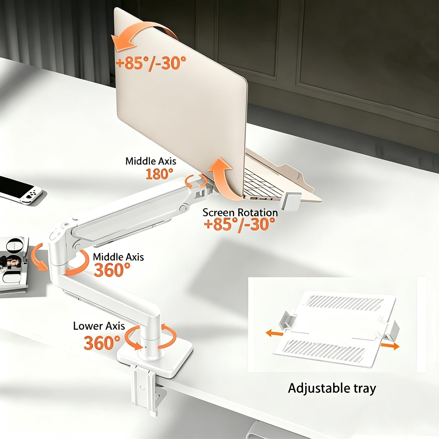 Braccio Monitor Scrivania,Supporto Per Monitor 2 In 1 Con Vassoio, Capacità Fino a 10 Kg, Altezza Regolabile,Compatibile Con Laptop Fino a 17 Pollici, Braccio Per Scrivania Con Morsetto/Foro,bianco