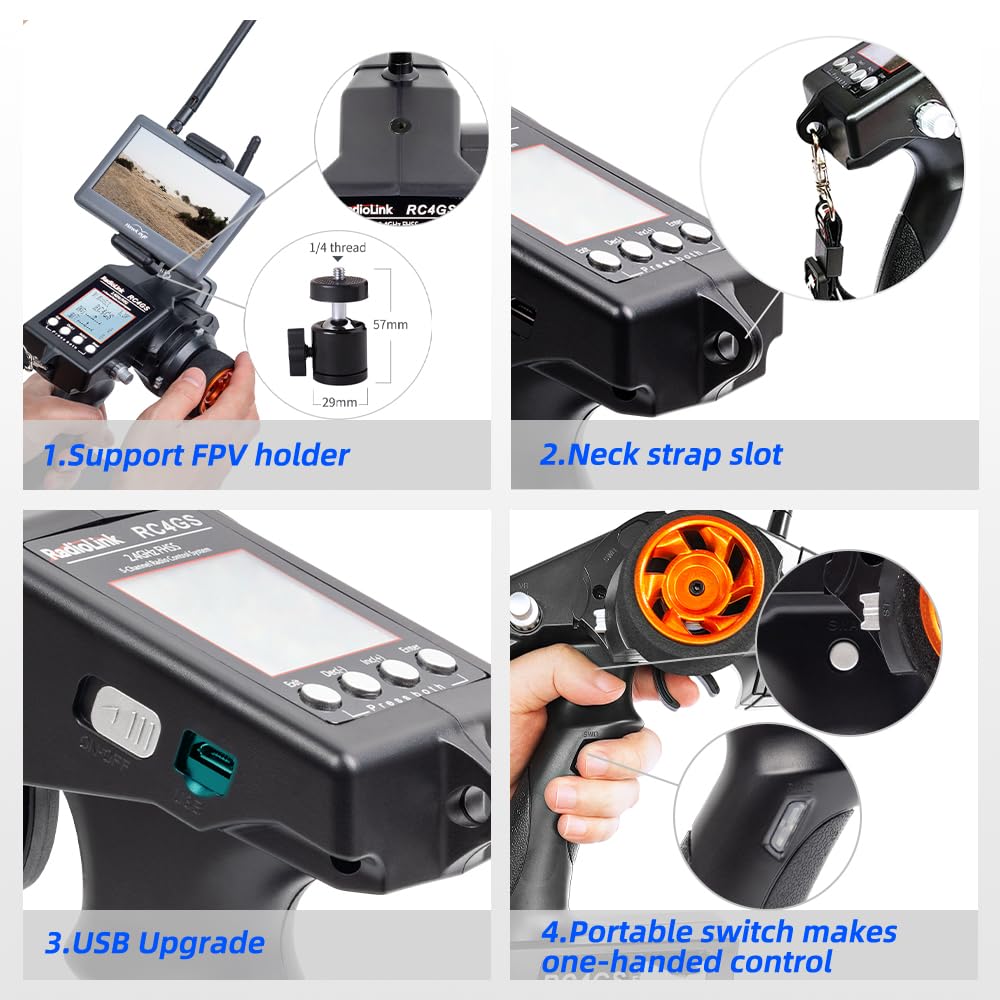 Radiolink RC4GS V3 5 Kanal RC Funksender und 2 2,4 GHz R6FG Empfänger | 400M Fernbedienungsset, für RC Auto, Boot, Crawler, Panzer, Drifting, Buggy, Trageband