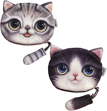 2 Pcs Cat Face Coin Purse Cute Animal Zipper Plush Wallet Small Coin Pouch Cosmetic Bag for Women Gift Bag Grey