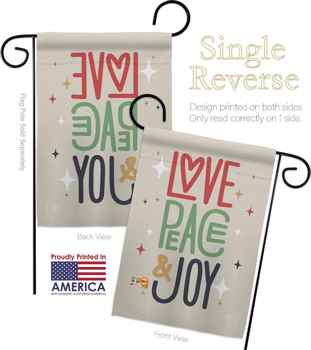 Love Peace Joy Garden Flag Set Wall Holder Wintertime Winter Wonderland Snowflake Snowman Ice Skate Season Snow Small Decorative Gift Yard House Banner Made In USA 13 X 18.5
