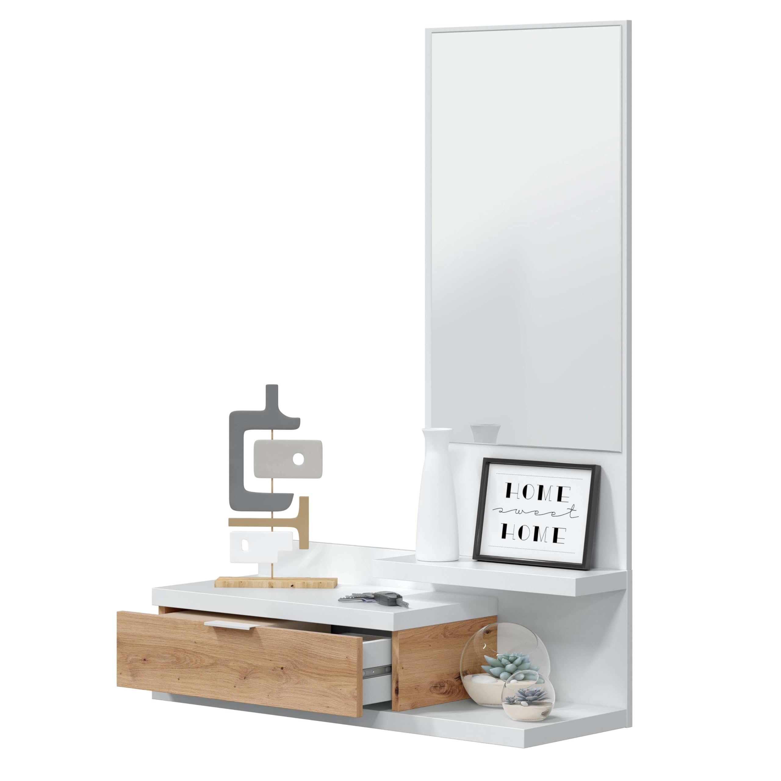 Habitdesign – Mueble Recibidor con Cajón, Espejo y 2 Baldas, Mueble de Entrada, Color Blanco Artik y Roble Nodi, 81x116x29 cm - Modelo Dahlia