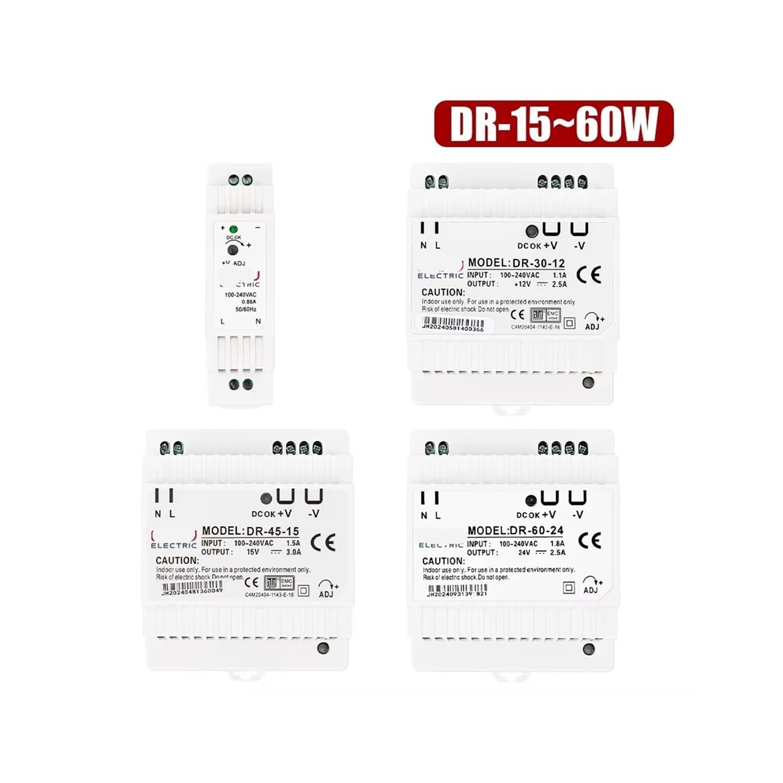 15 W, 30 W, 45 W, 60 W, pojedyncze wyjście, DC 5 V, 12 V, 24 V, przemysłowy zasilacz szynowy, wejście przełącznika 100-240 V AC, DR-15, DR-30, DR-45, DR-60