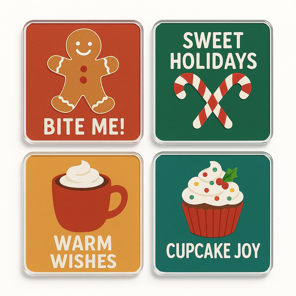 The Plum Penguin Festive Whimsy Acrylic Christmas Coaster Gift Set Of 4 With Playful Xmas Designs - Festive Holiday Decor For Home Entertaining