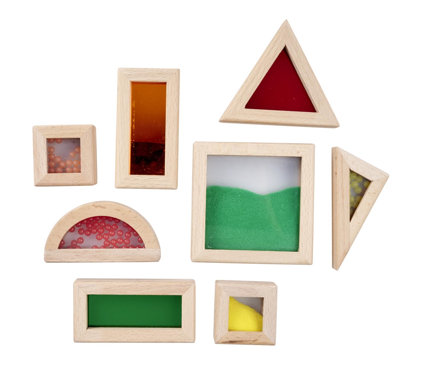 Eichhorn Blocchi da Costruzione con Finestra – 8 Pezzi Set di Elementi Colorati in Legno di faggio, con Sabbia, Sfere o Specchio, promuove sensorialità e capacità motorie, in Legno, Acrilico e ABS, a