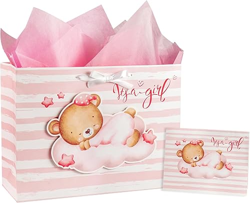 Loveinside Bolsa de regalo de oso para bebé niña con papel de seda y tarjeta de felicitación para baby shower, nuevos padres y más, 16 x 6 x 12