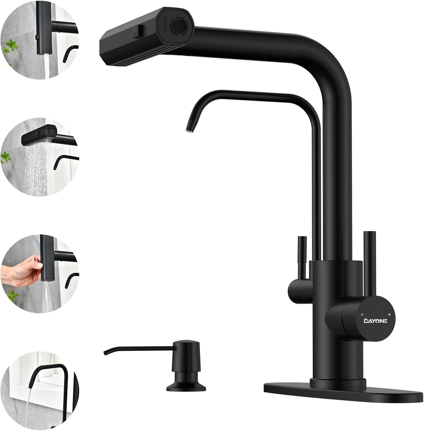 DAYONE Matte Black Waterfall Kitchen Faucet with Drinking Water Faucet and Soap Dispenser, 3 in 1 Sink Tap with Purfied Water, 4 Holes, (Without Water Filtration Device) With Soap Dispenser Matte Black